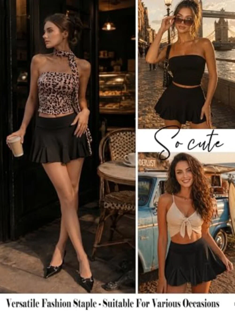 Women's High Waist Pleated Mini Skirt Ruffle Hem Skater A-Line Party